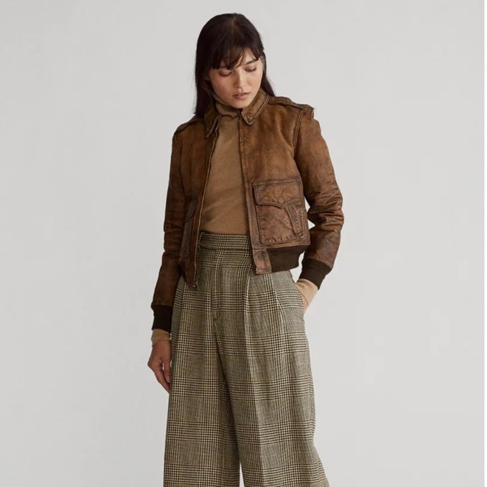 Women's Polo Ralph Lauren Distressed Painted Leather Bomber Jacket
